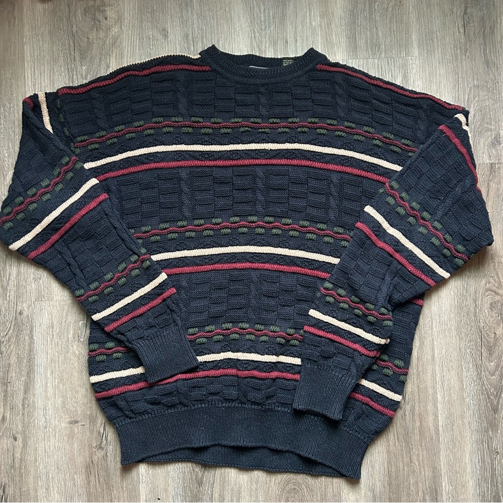 Woods & Gray ramie/cotton blue neutral striped thick knit sweater cabincore